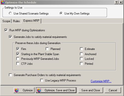 Optimize Dialog with MRP settings