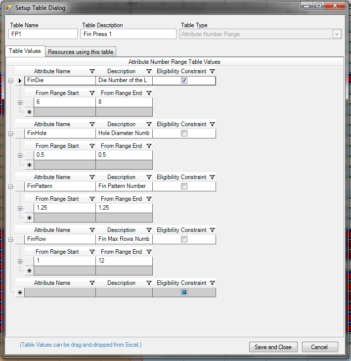 Setup Table Dialog