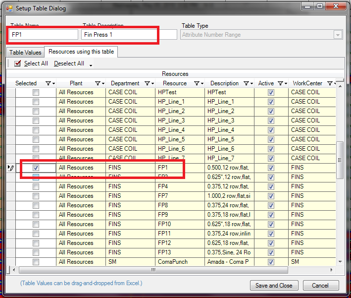 Setup Table Dialog - Assigned Resources