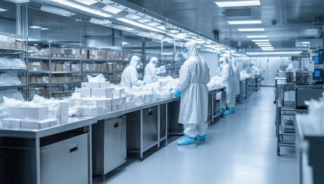 The image depicts a modern medical manufacturing facility, showcasing a cleanroom environment filled with various types of Personal Protective Equipme-2