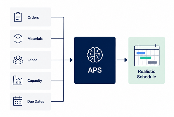 Advanced Planning and Scheduling software helping manufacturers manage orders, materials, labor, capacity, bottlenecks, and due dates.