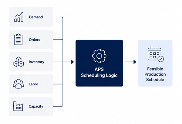 Advanced Planning and Scheduling software turning orders, capacity, materials, labor, and due dates into a feasible production schedule.