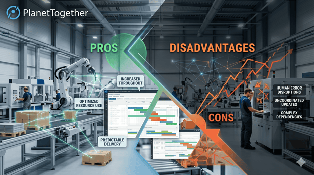 PlanetTogether APS graphic showing the pros and cons of operations management in manufacturing, with benefits like increased throughput, optimized resource use, and predictable delivery, alongside risks such as human error, uncoordinated updates, and complex dependencies.