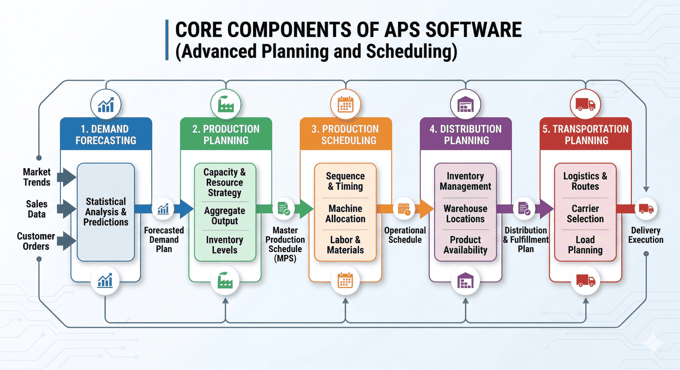 Infographic showing the five core components of Advanced Planning and Scheduling software: demand forecasting, production planning, production scheduling, distribution planning, and transportation planning, flowing from market trends, sales data, and customer orders to delivery execution.
