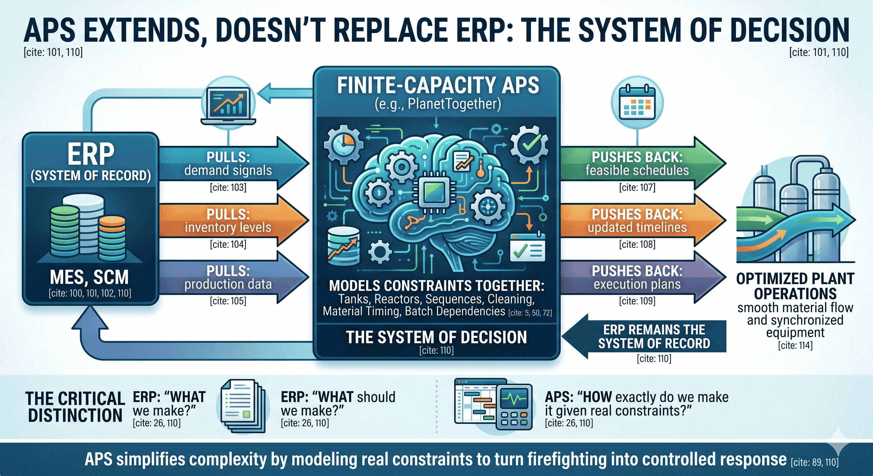 Diagram showing finite-capacity APS integrating with ERP, MES, and SCM to pull demand, inventory, and production data, model chemical plant constraints, and push back feasible schedules, updated timelines, and execution plans.