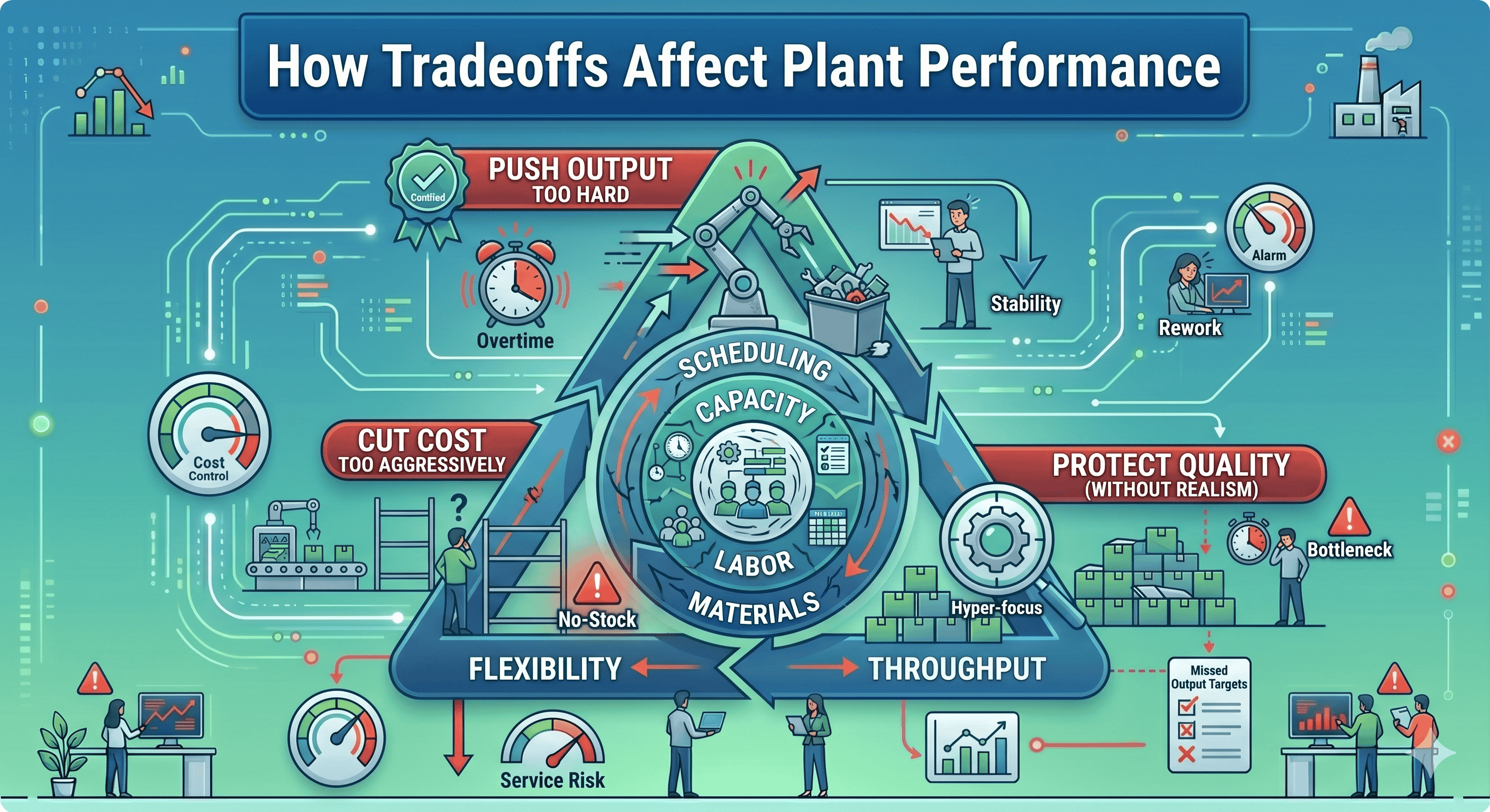 Infographic showing how APS helps plant managers manage cost, quality, and output tradeoffs with ERP data, realistic scheduling, resource alignment, bottleneck visibility, and what-if scenarios.