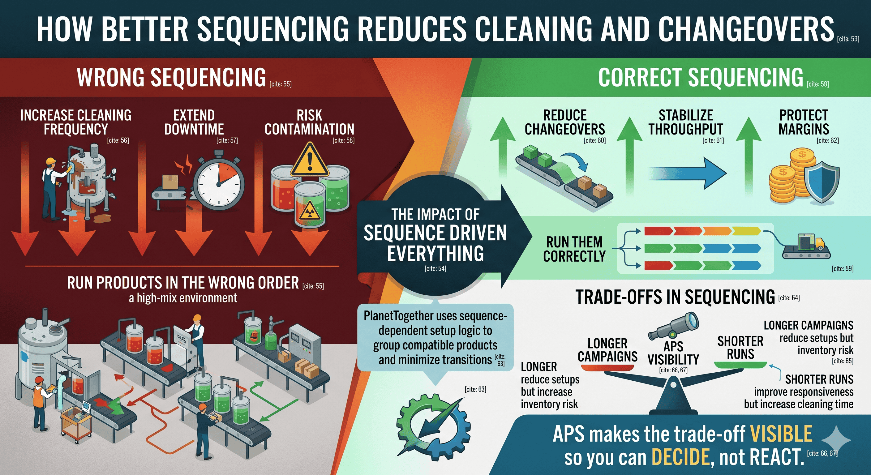 Infographic comparing wrong and correct production sequencing in high-mix chemical manufacturing, showing how APS reduces cleaning frequency, downtime, contamination risk, and changeovers while making campaign trade-offs visible.