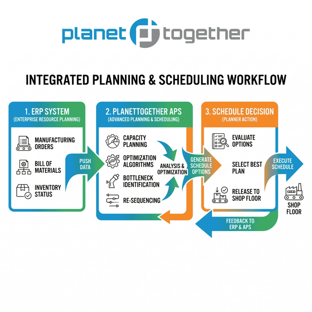 Workflow diagram showing how ERP data flows into PlanetTogether APS for capacity planning, bottleneck identification, optimization, and resequencing before a planner selects and releases the best production schedule to the shop floor.