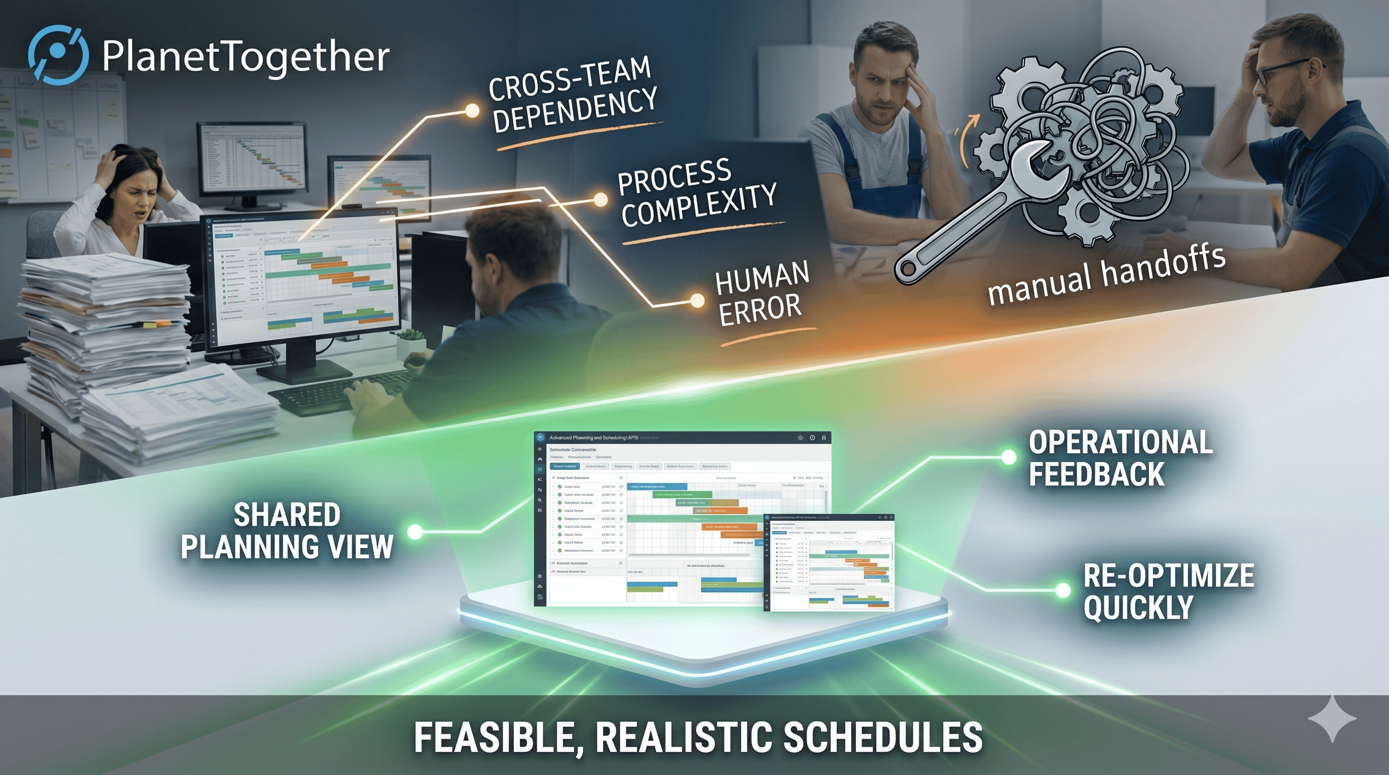 PlanetTogether APS visual showing manufacturing operations management challenges like cross-team dependency, process complexity, human error, and manual handoffs, with shared planning, operational feedback, and re-optimization for feasible schedules.
