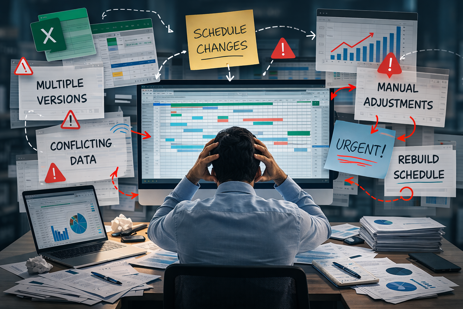 Stressed planner holding their head while managing a spreadsheet schedule surrounded by warning notes about multiple versions, conflicting data, and urgent manual adjustments.