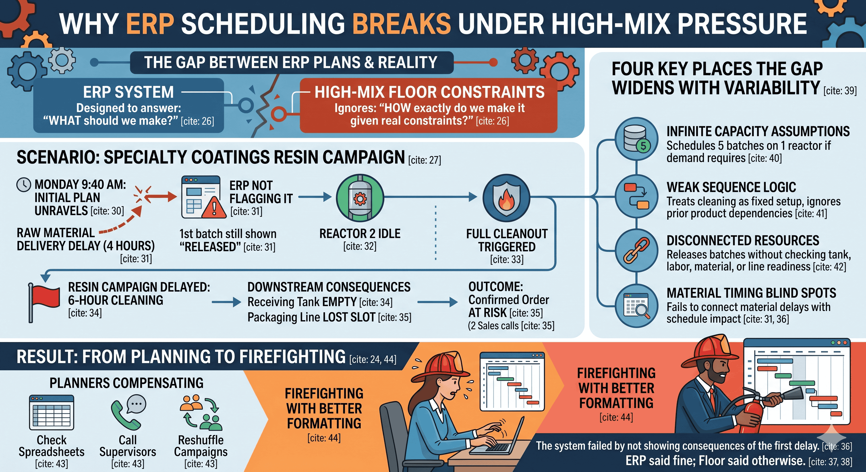 Infographic showing why ERP scheduling breaks in high-mix chemical manufacturing, including raw material delays, idle reactors, cleaning cycles, tank constraints, weak sequencing logic, and planner firefighting.